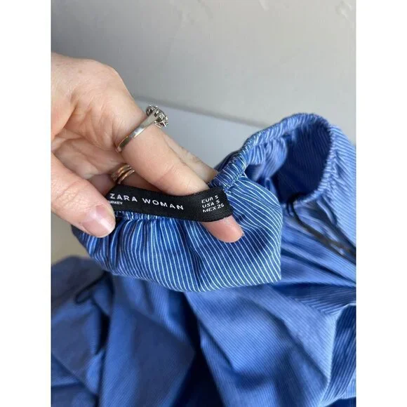 ZARA Woman Size Small Cobalt White Pinstripe Off the Shoulder Cropped Top - Picture 10 of 10